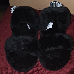 UGG Black Fuzzy Slippers with Logo Strap